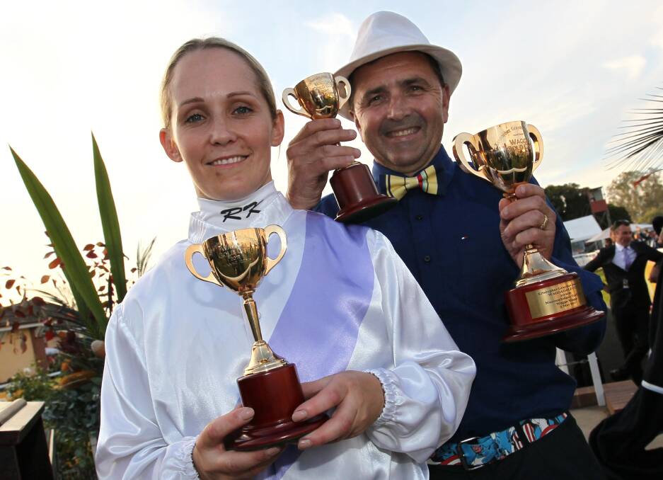 Rachel King and Neil Paine celebrate the Wagga Gold Cup win of Stampede back in 2017. Picture by Les Smith