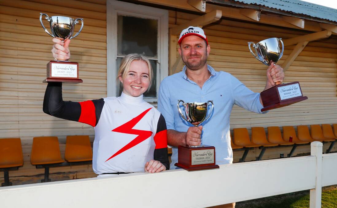 Wangaratta trainer Craig Weeding (right) with apprentice jockey Holly Durnan after Prince Of Helena's Narrandera Cup win earlier this year. Picture by Les Smith