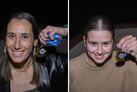 Griffith's Grace Buchan and Brookdale's Majella Day show off their Julie McLean Medals at Murrumbidgee Turf Club on Friday night. Pictures by Bernard Humphreys