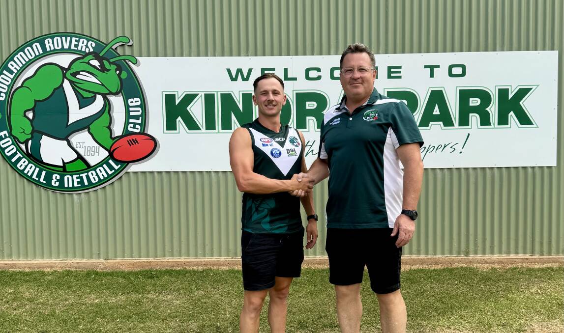 New Coolamon recruit Ben Hodgson is welcomed on board by coach Gavin McMahon at Kindra Park on the weekend. Picture by Coolamon FNC