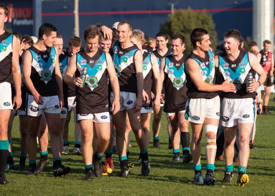 The Northern Jets playing group get around each other after last Saturday's preliminary final win over Marrar at Robertson Oval. Picture by Les Smith