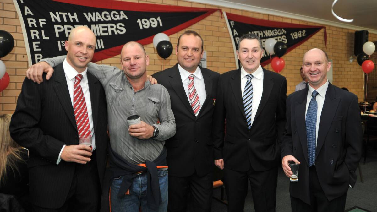 Paul Irvine, Pete Noack, Wayne Skeers, Luke Fitzgerald and Garry Crouch at the 1991 20-year premiership reunion in 2011. Picture by Keith Wheeler