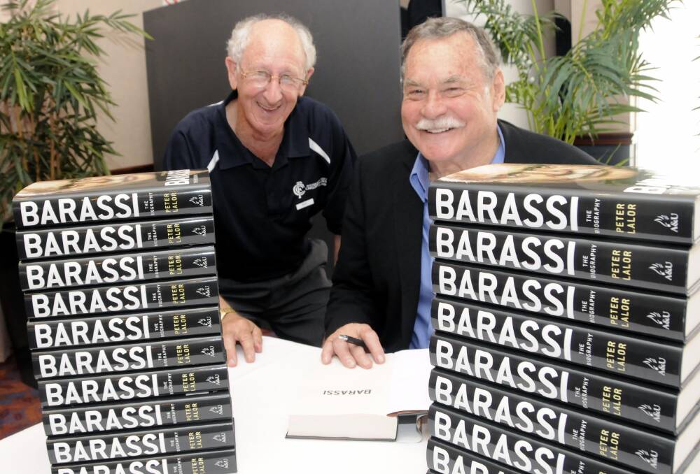 Ron Barassi at a book signing at The Rules Club in Wagga in 2010 alongside Roy Toshack of the Wagga Carlton Blues Group. Picture by Hayley Hillis