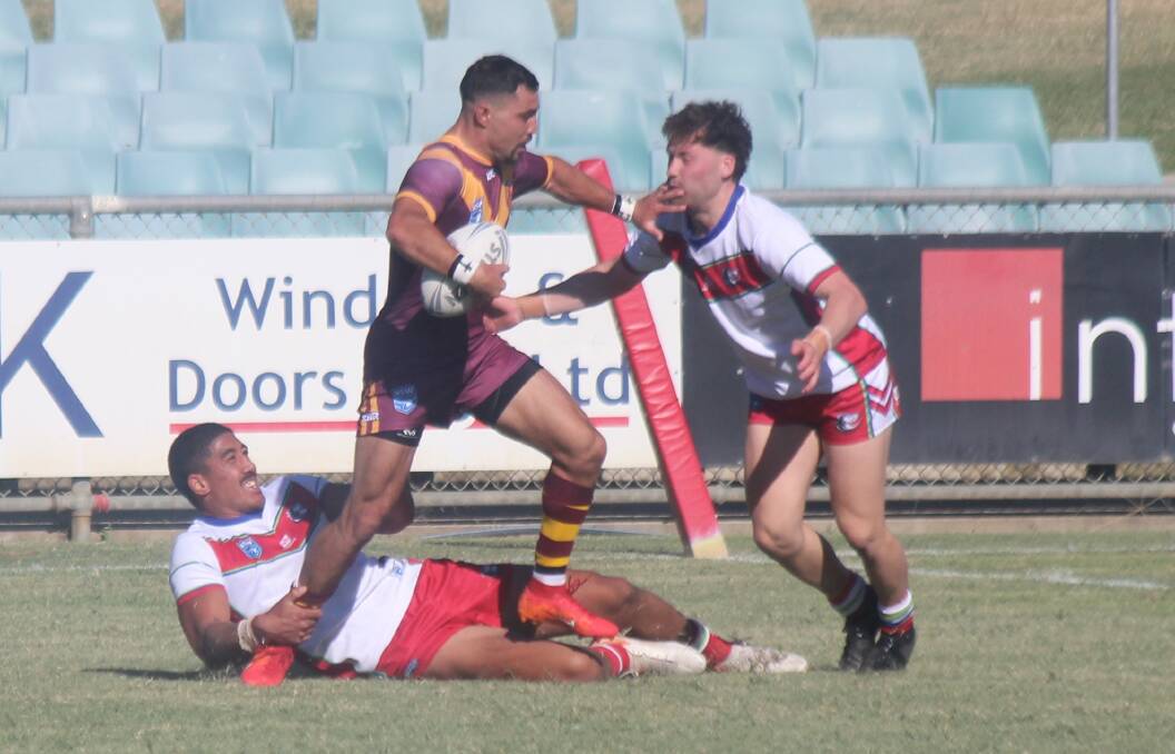 Riverina winger Melvin Quiroga breaks through the Monaro defence as he almost inspired a comeback victory for the home team in the opening round of the Country Championships at Equex Centre on Sunday. Picture by Matt Malone