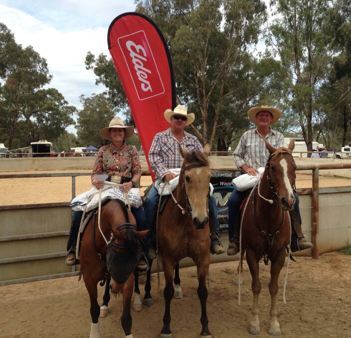 WINNERS: Wagga's Roz Stephens, Shane McKenzie and George Lindley after taking out the two major prizes at Wagga Polocrosse Club's team yarding event.