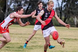 Marrar midfielder Jake Brown gets a kick away in last week's win over Charles Sturt University at Peter Hastie Oval. Picture by Les Smith