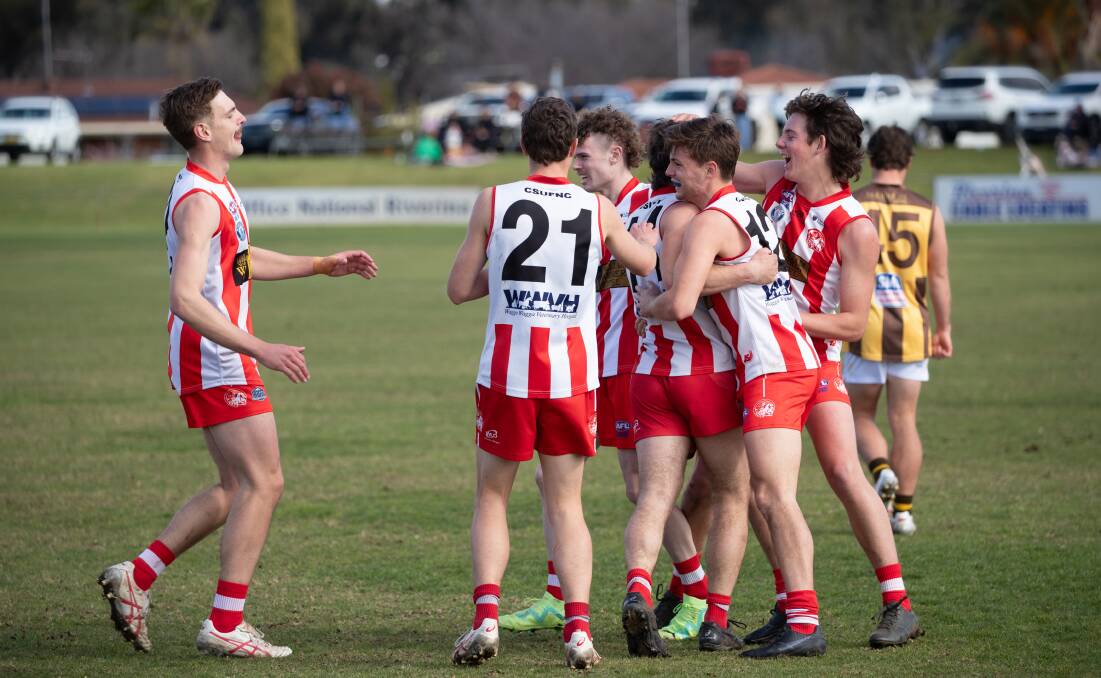 Charles Sturt University celebrate a goal during their elimination final win over East Wagga-Kooringal at Maher Oval on Sunday. Picture by Madeline Begley