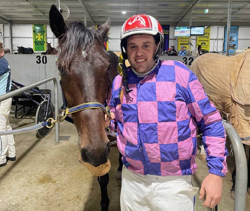 Temora driver Nic Horan is all smiles after enjoying his first win in the sulky at Riverina Paceway on Tuesday night. Picture by Riverina Paceway