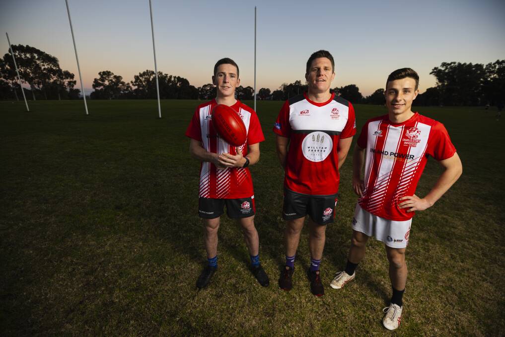 Charles Sturt University coach Travis Cohalan (middle) alongside footballers Max Findlay (left) and Ben Browning (right), who will all reach 50-game milestones for the club on Sunday. Picture by Ash Smith