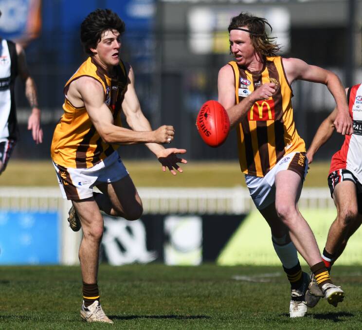 Bryce McPherson (left) in action for East Wagga-Kooringal during the 2019 Farrer League finals series. 