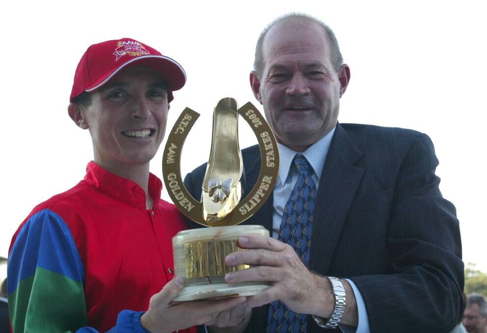 Danny Beasley with trainer Graeme Rogerson after their Golden Slipper victory with Polar Success in 2003. Picture by Martin King