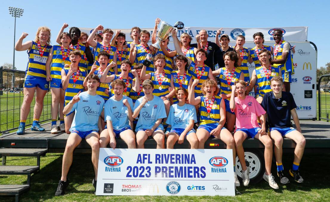 Mangoplah-Cookardinia United-Eastlakes celebrate their under 17.5 grand final win at Narrandera Sportsground on Saturday. Picture by Les Smith