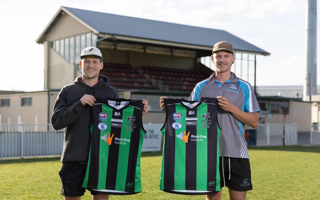 The Rock-Yerong Creek footballers Jesse Cool and Cody Cool show off the one-off guernseys the Magpies will wear in the bid to raise awareness around mental health on Saturday. Picture by Madeline Begley