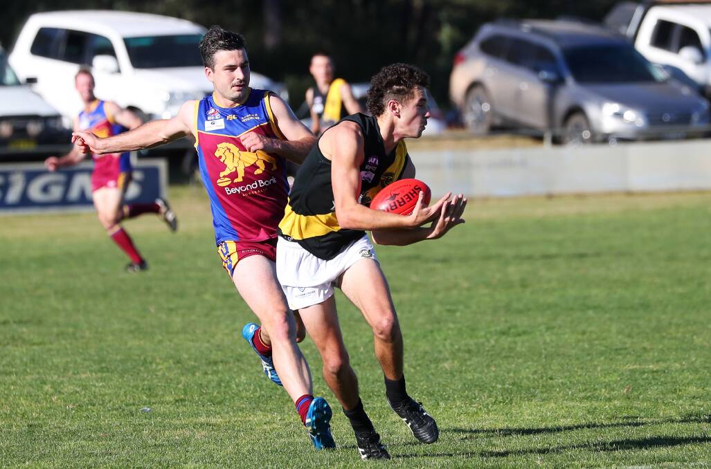 Wagga Tigers defender Tommy McCoullough was reported for rough conduct in the loss to Turvey Park last Saturday. Picture by Emma Hillier