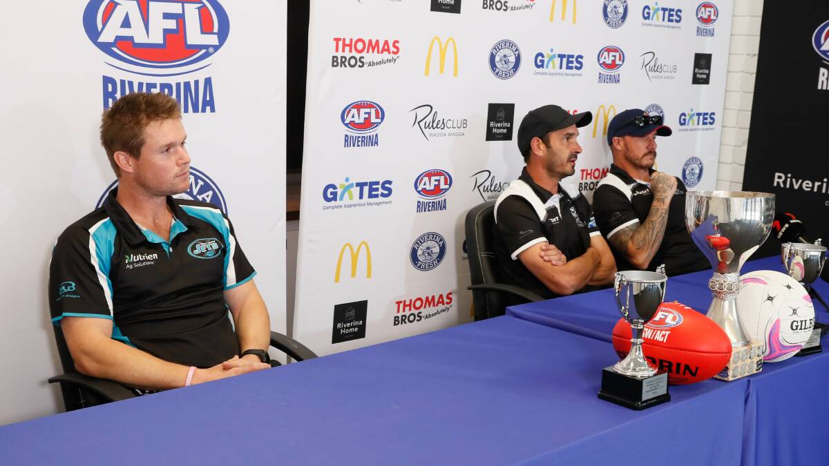 Northern Jets coach Jack Harper alongside The Rock-Yerong Creek counterparts Heath Russell and Brad Aiken at Thursday's Farrer League grand final media conference. Picture by Les Smith