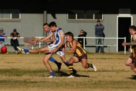 Temora co-coach Will Reinhold sends the Kangaroos forward against East Wagga-Kooringal on Saturday at Gumly Oval. Picture by Tom Dennis