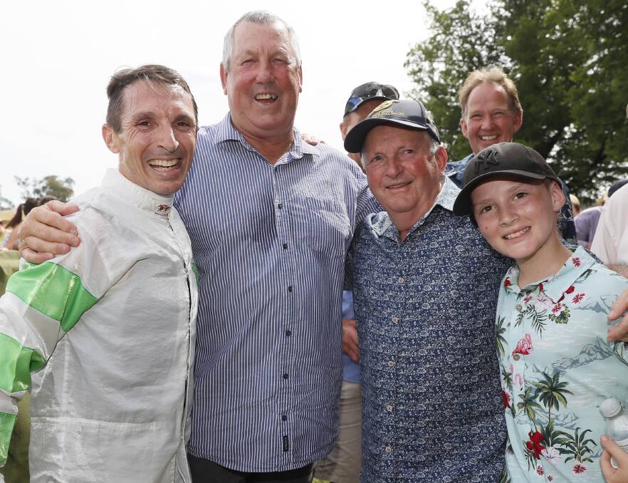 Danny Beasley with Gary Colvin, his father Bob Beasley and nephew Clancy Corbett after winning the Tumbarumba Cup with Carnival Miss last year. Picture by Les Smith