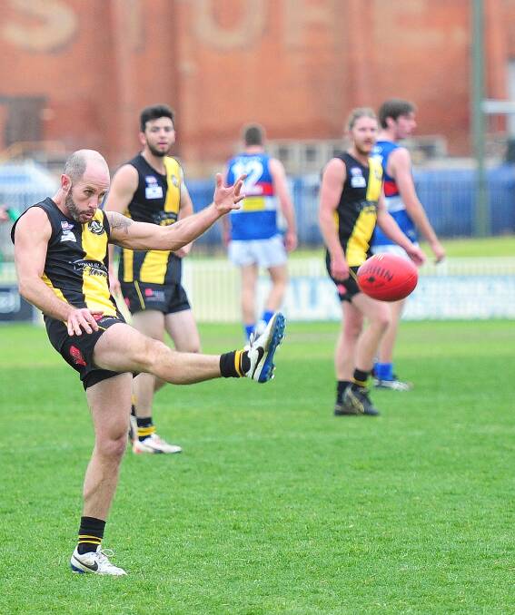 ON TRACK: Wagga Tigers' Scott Pearce has a shot on goal against Turvey Park at Robertson Oval on Sunday. Picture: Kieren L Tilly