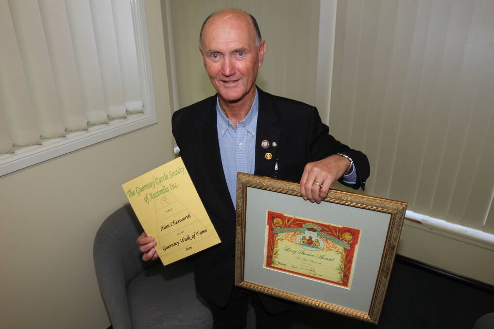 Leeton's Alan Chesworth after receiving life membership to the Royal Agricultural Society and being inducted into the Guernsey Walk of Fame in 2017. Picture from file