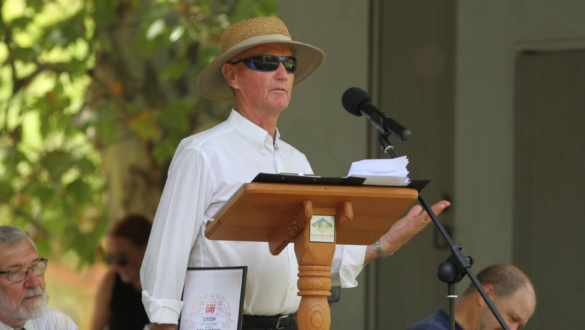 Alan Chesworth accepts the Leeton Citizen of the Year award, which been revoked in the wake of his conviction, in 2019. Picture by Talia Pattison