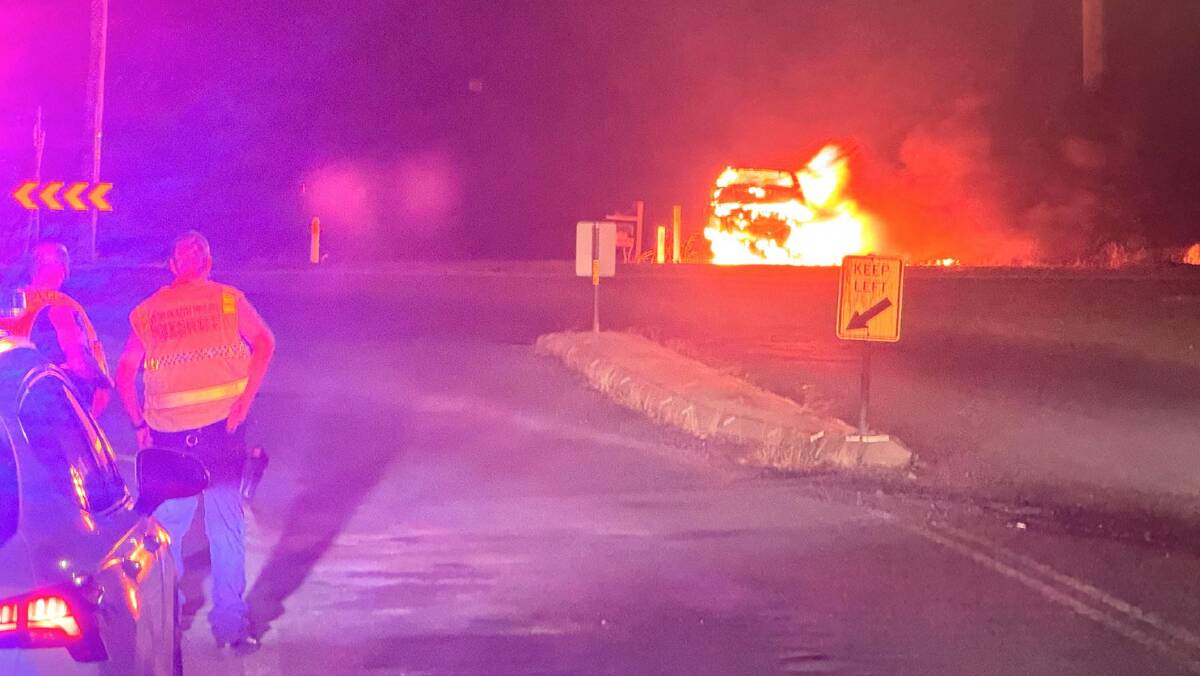 A man was charged with high-range drink-driving after crashing his car, which then burst into flames, in North Wagga on Thursday night. Picture supplied