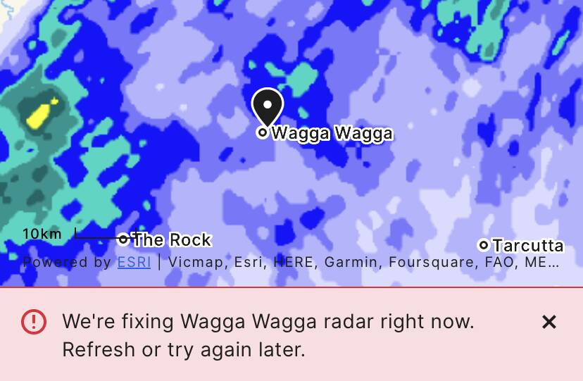 Bureau of Meteorology app users are warned the Wagga weather radar is out of action on Monday.
