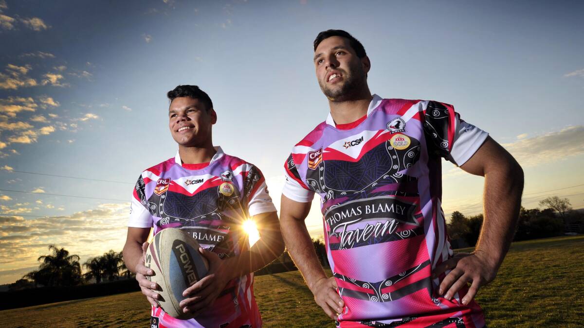 DREAMTIME: Southcity's Jack Lyons and Nathan Rose show off the NAIDOC inspired jumpers for Saturday's game with Tumut. Picture: Les Smith