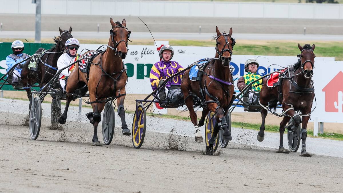 Thevicepresident (centre) holds off his more fancied rivals to score at $34 for Victorian combination Greg Norman and Cameron Maggs at Riverina Paceway on Friday. Picture by Les Smith