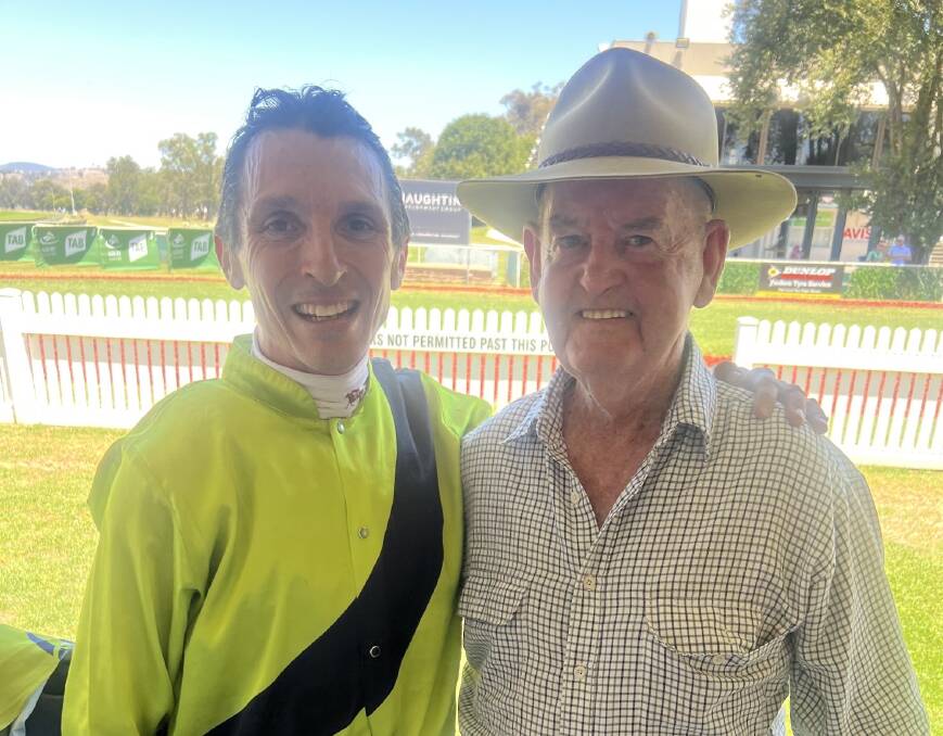Jockey Danny Beasley with Leeton trainer Peter Clancy after the pair combined to win with Theclan at Albury on Tuesday. PIcture by Graeme White Sky Racing