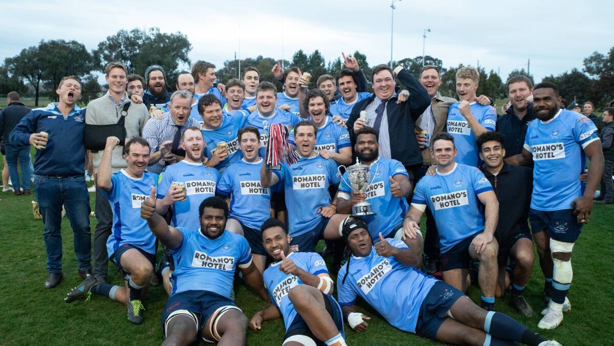 Waratahs celebrate their Southern Inland premiership after a 26-10 win over Wagga Cit at Conolly Rugby Complex on Saturday. Picture by Madeline Begley