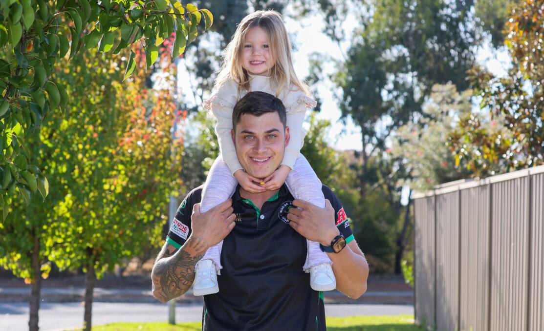 Brothers captain Jordan Little, with three-year-old daughter Halle, ahead of his return to face former club Southcity at Equex Centre on Sunday.