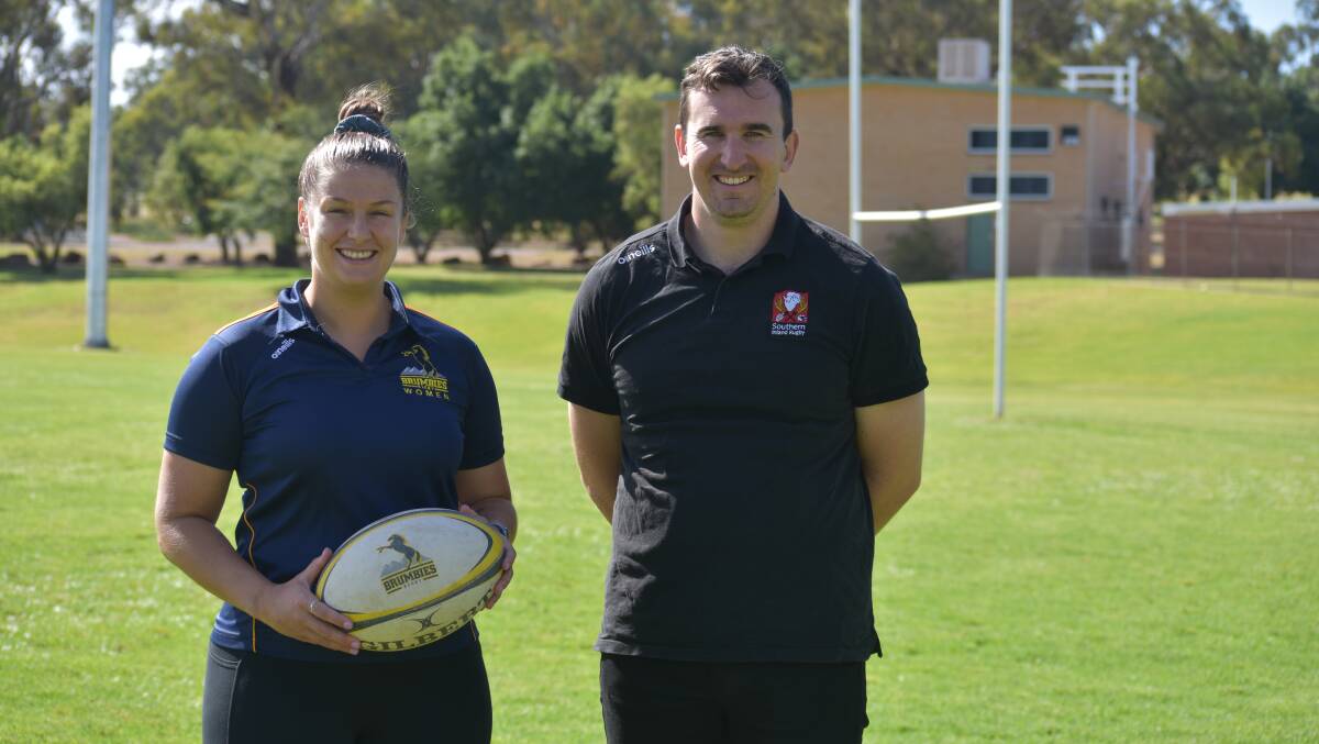 Brumbies Super W player Harriet Elleman and Southern Inland rugby manager Jack Heffernan after two trials for the Riverina were announced. Picture by Courtney Rees