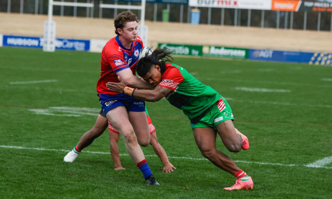 Ned Cooper tries to break out of a tackle as he scored two tries as Kangaroos proved too strong for Brothers at Equex Centre on Saturday. Picture by Tom Dennis