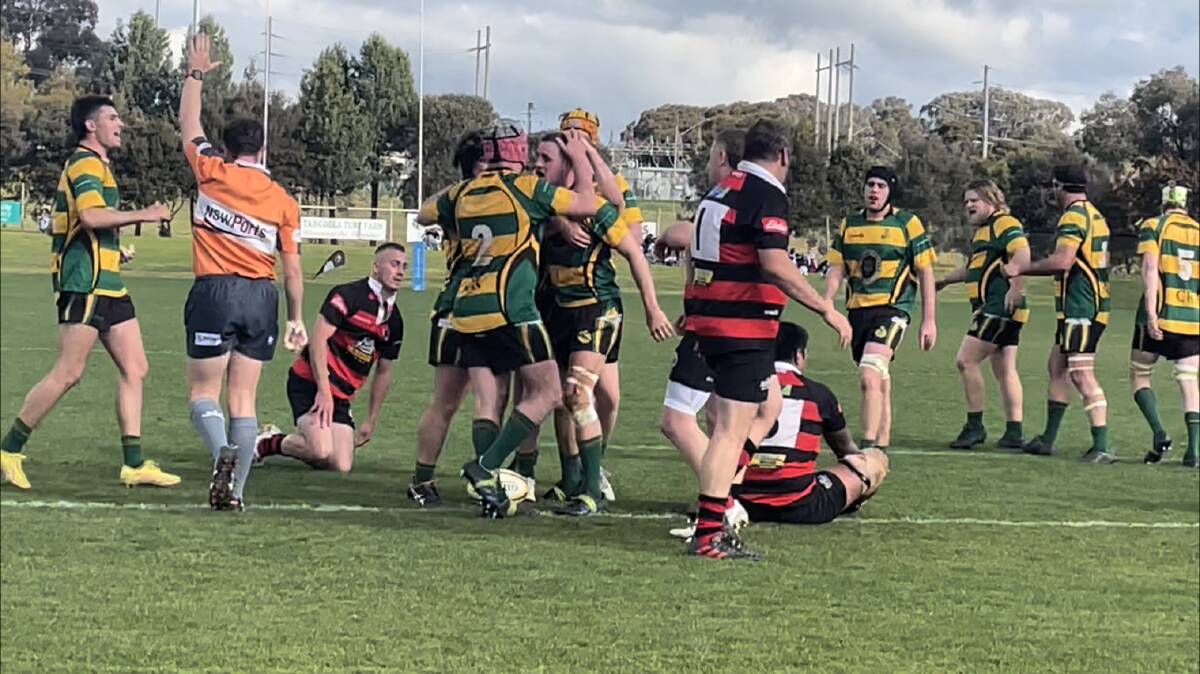 Ag College celebrates Jack Wood's try in their win over Tumut in the Southern Inland minor semi-final at Conolly Rugby Complex on Saturday. Picture by Courtney Rees