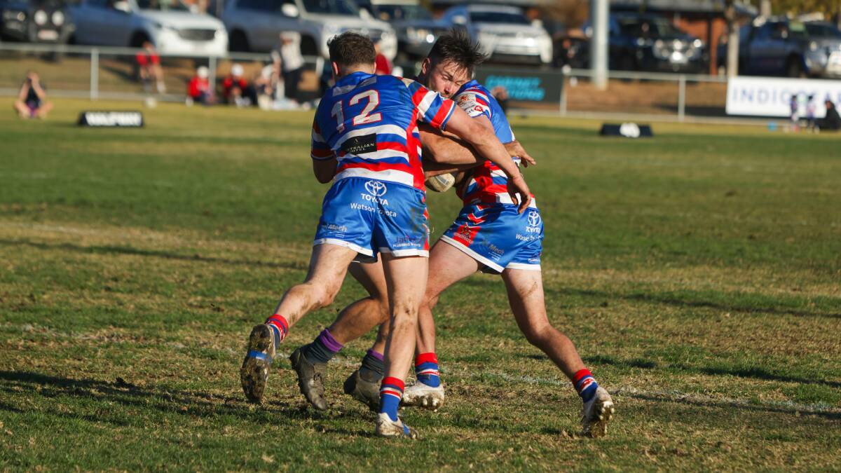 Young second rower Jake Kambos, pictured making a tackle on Mitch Bennett last week, played his best game since joining the club this season. Picture by Tom Dennis