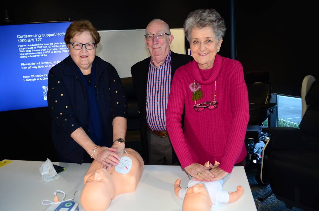 Wagga Base Hospital Auxiliary secretary Gloria Mason, president Rodney Parsons and treasurer Elizabeth Parsons with the Practiman mannequins. Picture by Taylor Dodge