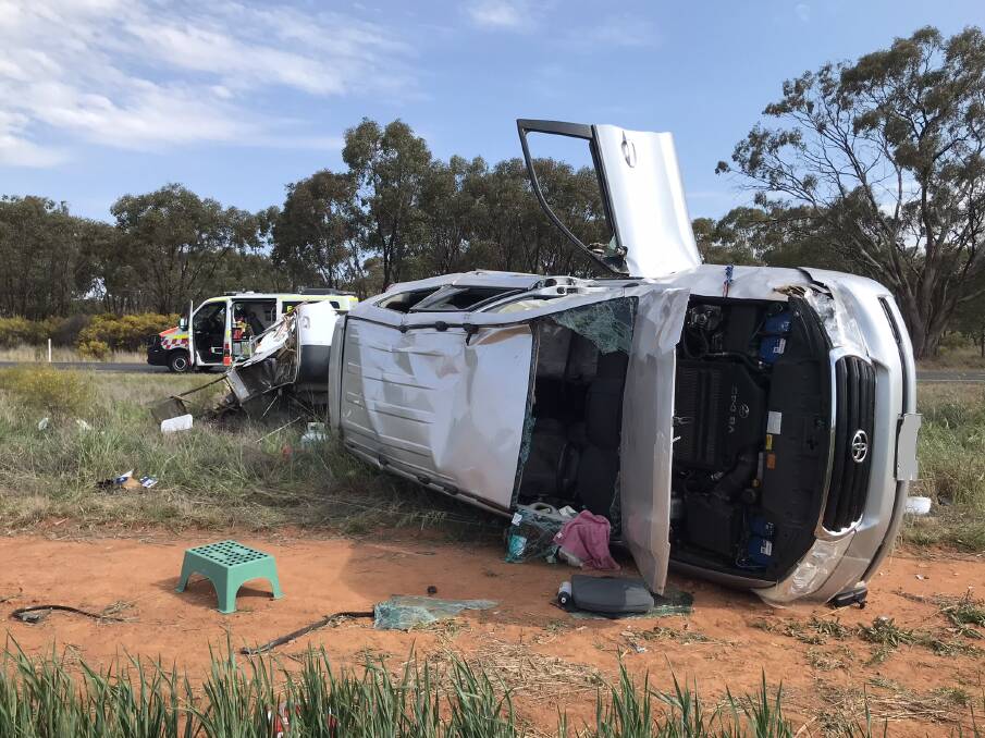 The scene of the crash, involving a car towing a caravan, on the Mid Western Highway near Rankins Springs on Friday, September 15. Passersby and RFS volunteers helped free a man and a woman, both aged in their 70s, from the car via the front windscreen. Picture supplied