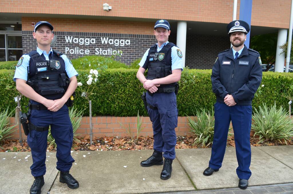 Riverina Police District probationary constable Max Hannan with probationary constable Nicholas Flanigan and Inspector Brent Falkiner. Picture by Taylor Dodge