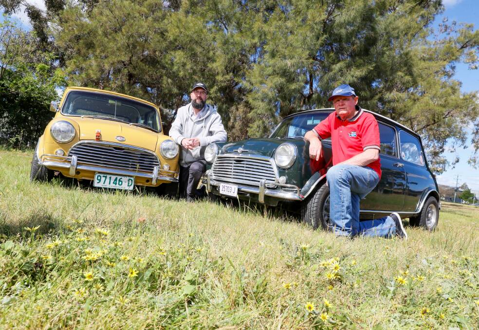 Riverina Mini Car Club vice president John Gray president Phil Bell are making sure their Minis are up to par ahead of the muster. Picture by Les Smith 