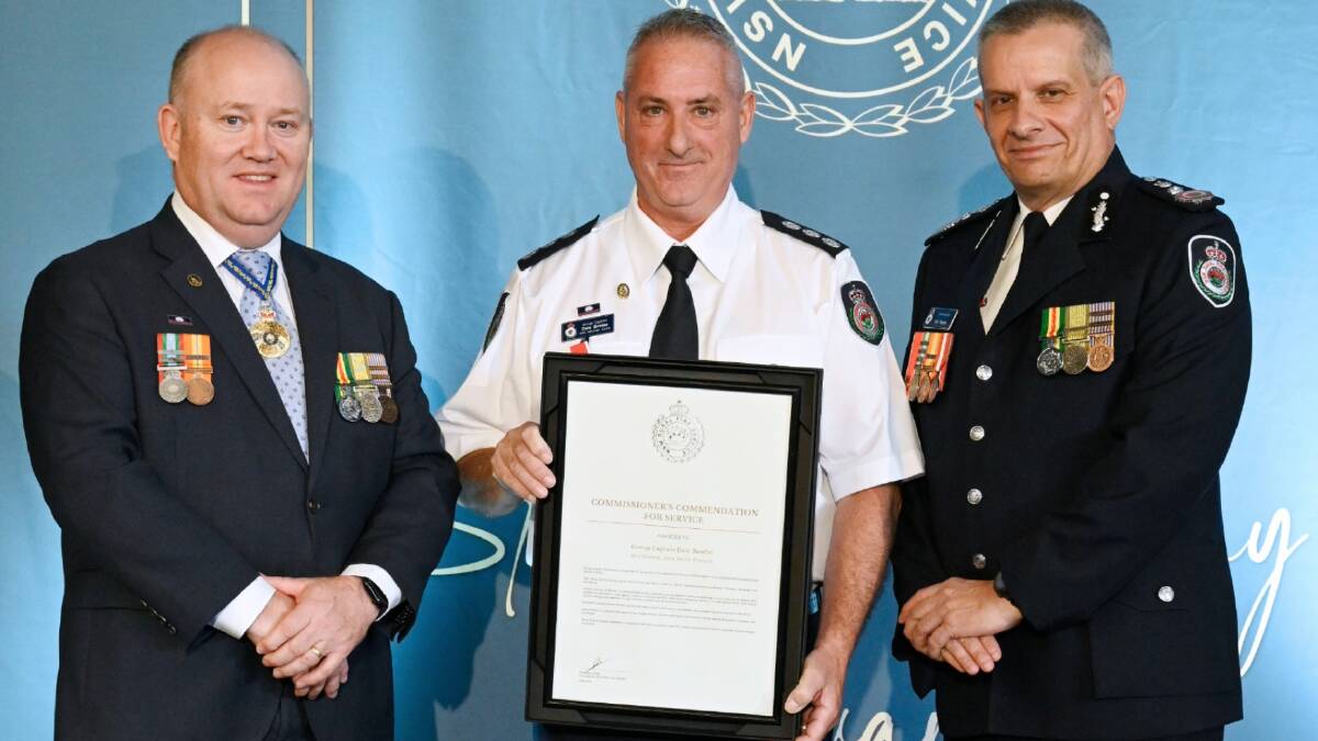 Commissioner of the RFS Rob Rogers with the late RFS Group Captain Dale Bowles and former RFS Commissioner Shane Fitsimmons during an award presentation in 2023 where he received a Commissioner's Commendation for Service in recognition of his work in Western NSW throughout the challenging flood events of 2022. Picture by RFS NSW 