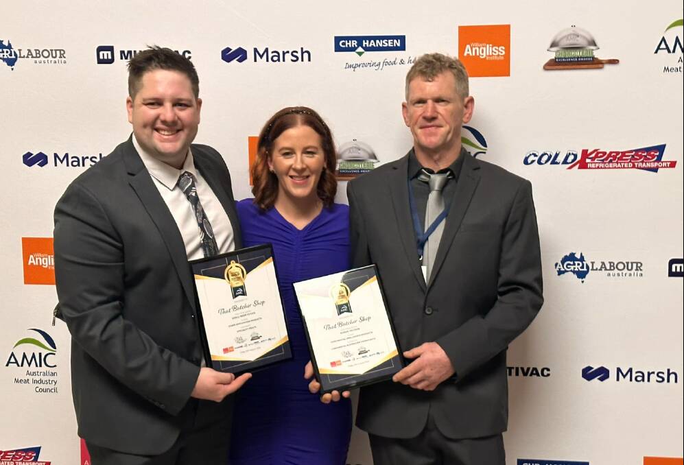 That Bucther Shop owners Jared and Amy Walker with butcher Russell Gleeson at the Australian Meat Industry Councils National Charcuterie Excellence Small Goods Awards night. Picture supplied 