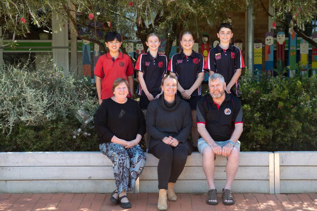 Sturt Public School assistant principal Linda Wood with principal Terri Inglis, teacher Brian Kirton and school captains Houston Zhang, Asha Forrell, Evie Killeen and Xavier Harper ahead of Saturday's 50 year anniversary celebrations. Picture by Madeline Begley