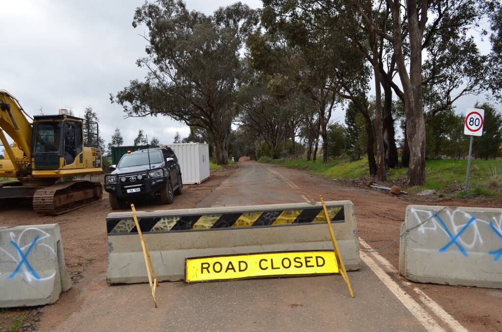 Concrete barriers in place as part of a hard closure of Dunns Road at the Olympic Highway. Picture by Taylor Dodge