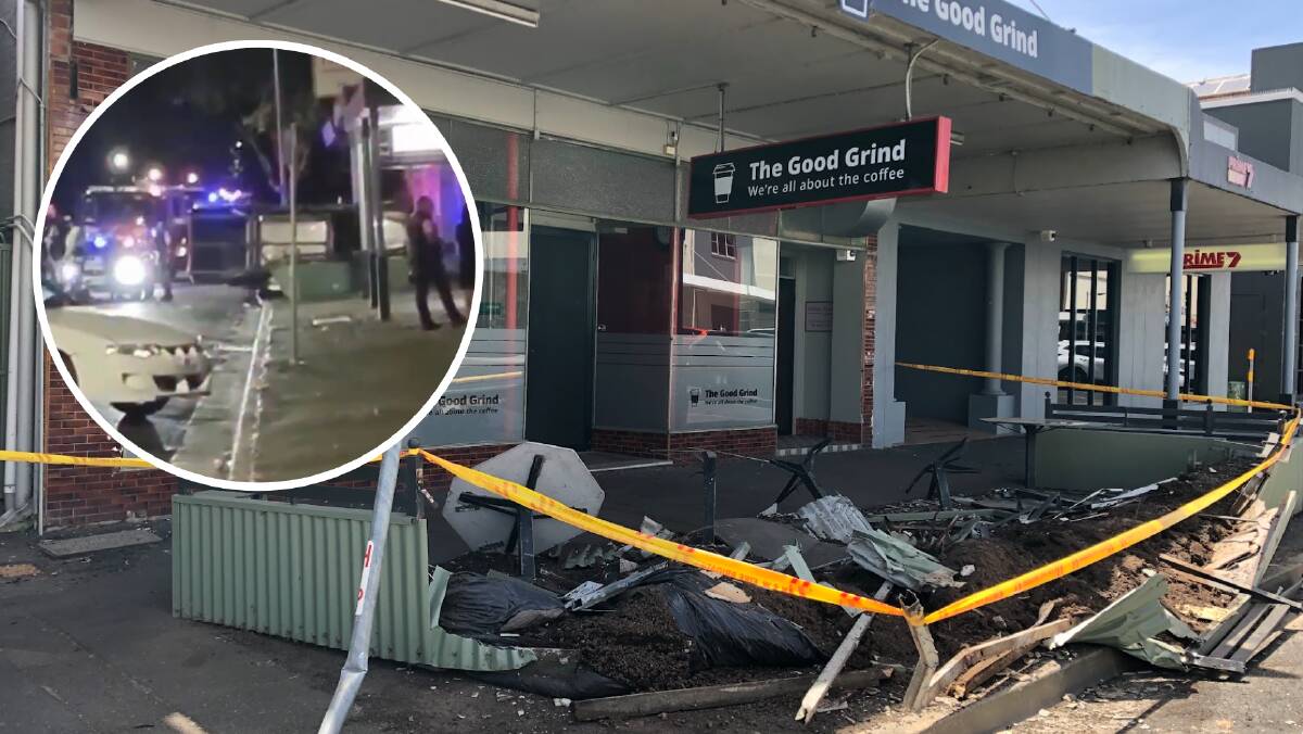 Extensive damage has been caused to an outside cafe set up at the front Wagga coffee shop The Good Grind after a car flipped on Gurwood Street. Picture by Andrew Mangelsdorf