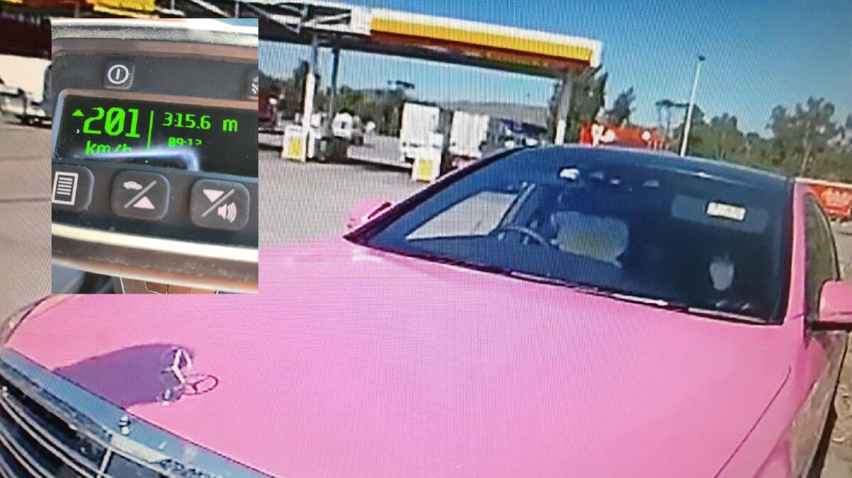 Driver fined after hot pink Mercedes caught travelling 90 kilometres above the limit on the Hume Highway. Picture by NSW Police
