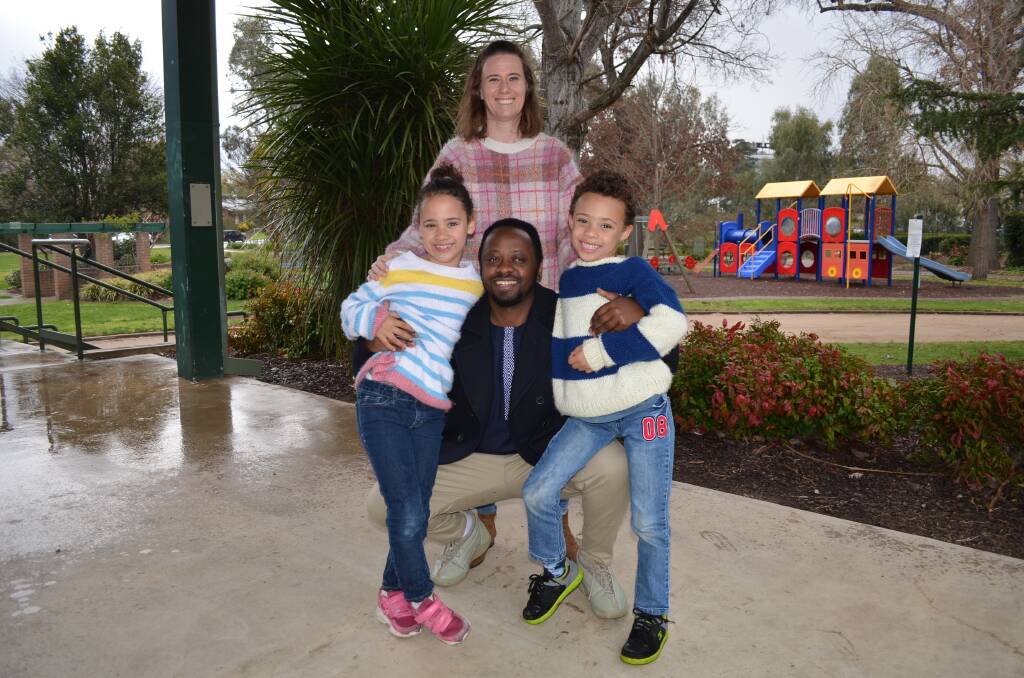 Carly Shepherd with her partner Pacifique Mudacumura and their children, six-year-old twins Serena and Jayden. Picture by Taylor Dodge