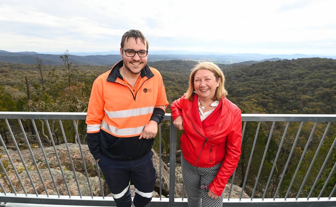 Greater Hume Council project engineer James Phelps and former tourism officer Kerrie Wise were all smiles at the completion of the $500,000 lookout at the Woomargama National Park. Picture by Mark Jesser