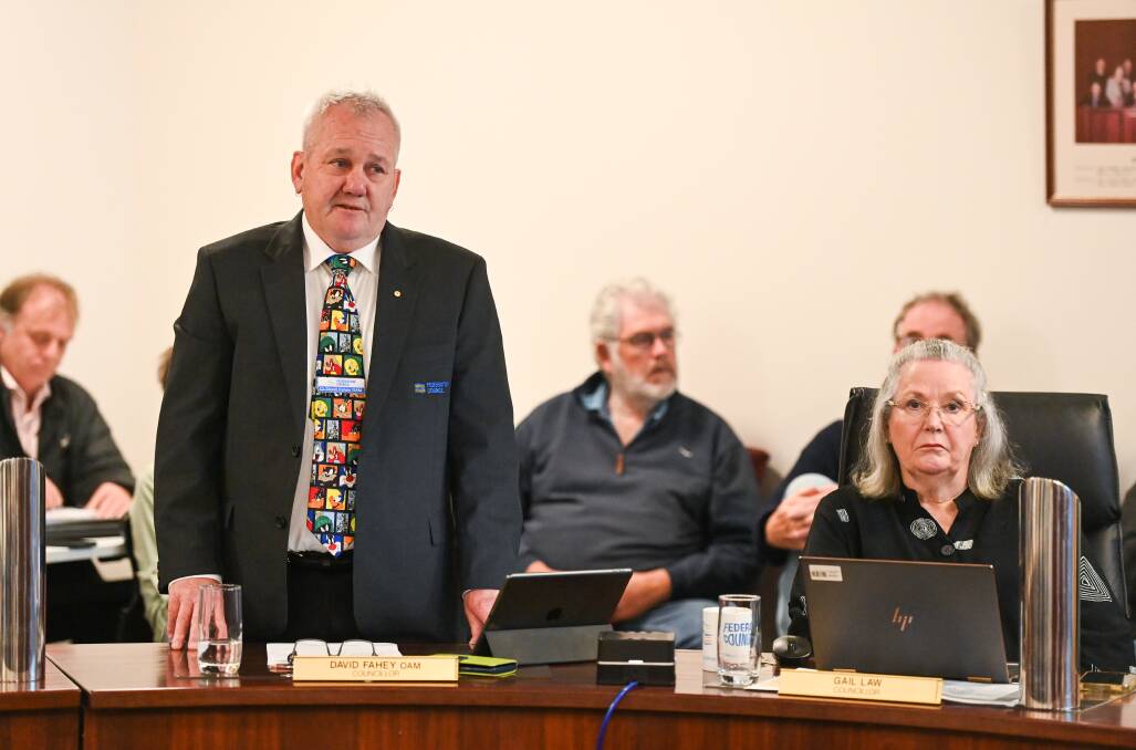 Federation councillor David Fahey stands to put his motion calling for an independent assessment as his colleague Gail Law sits behind her laptop at the extraordinary meeting. Picture by Mark Jesser