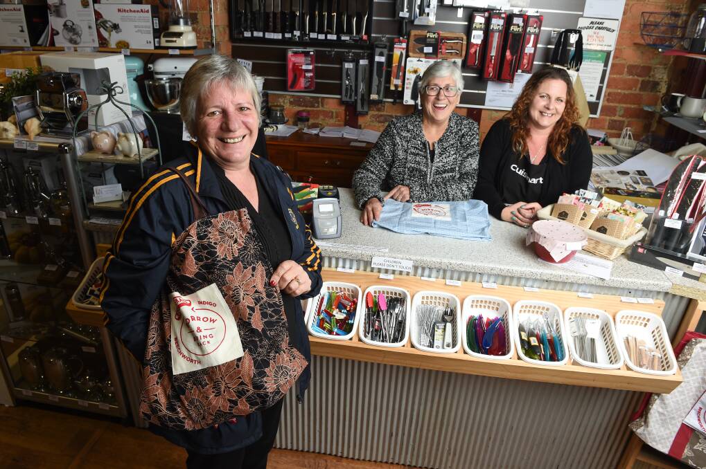 Boomerang Bags launch in Beechworth. Josie Cornish and Iris Mannik with Hotch Potch's Emma Lang. They delivered the first bags to her shop in 2017. Picture by Mark Jesser