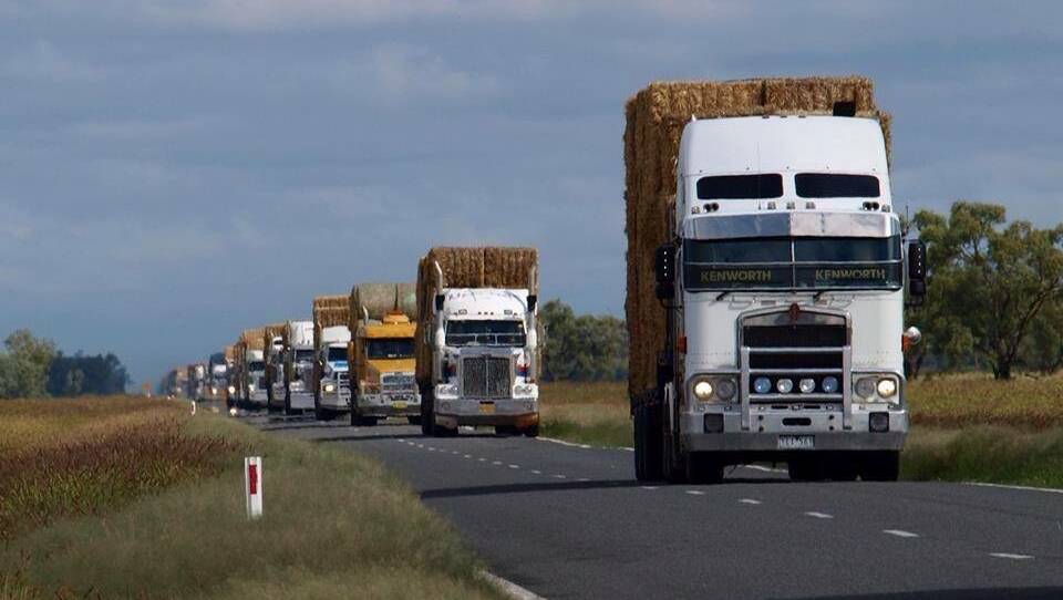 Relief: More than 50 trucks loaded with hay were able to support farmers struggling with drought. The run in January will be the biggest run to date. Picture: Burrumbuttock to Bourke Hay Run Facebook page. 